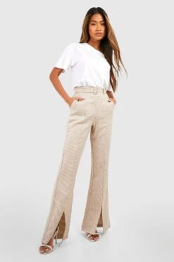 Pantalon Flare Fendu à Imprimé Pied-de-poule