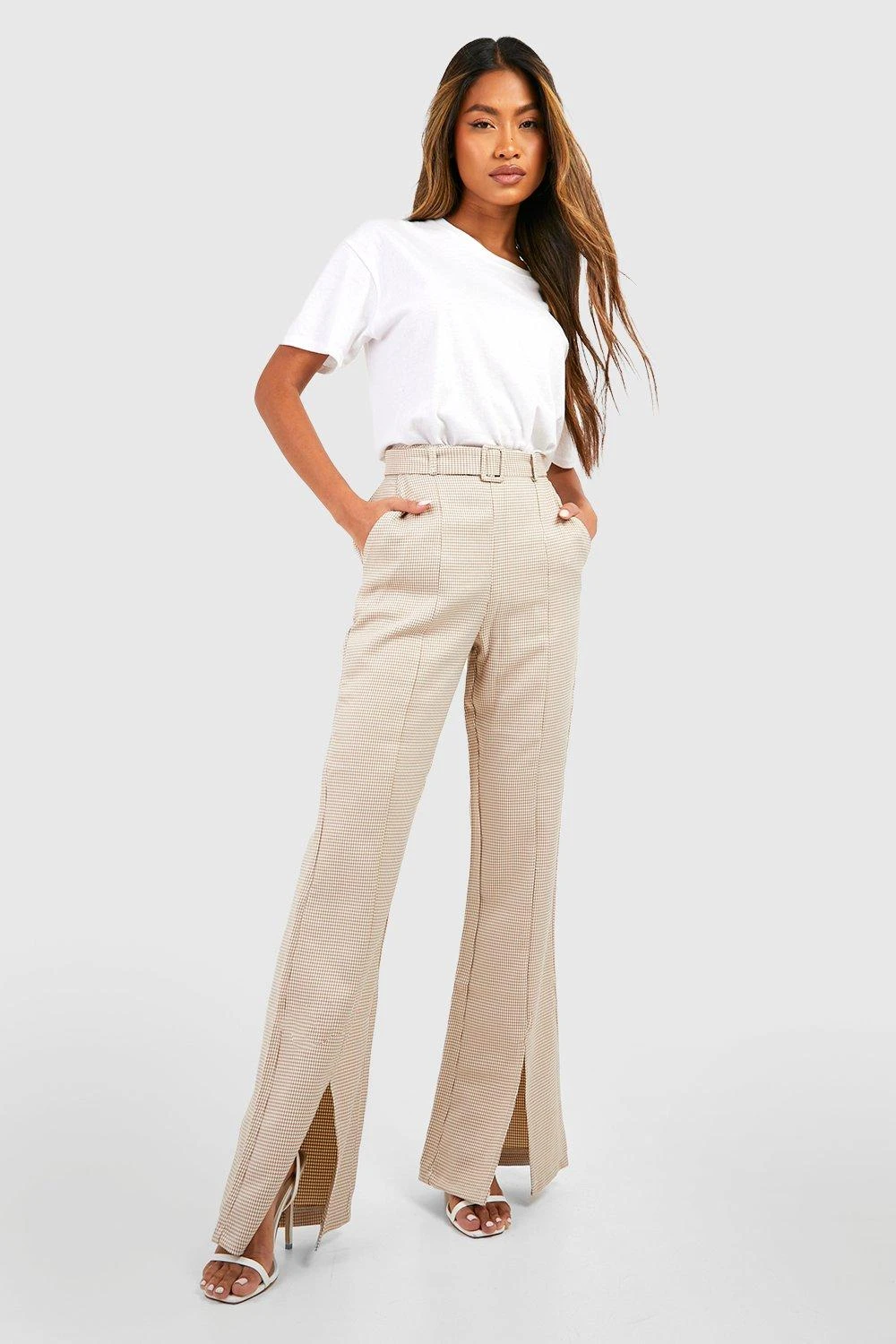 Pantalon Flare Fendu à Imprimé Pied-de-poule