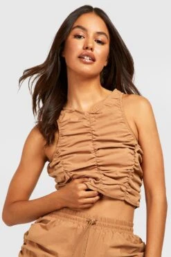 Crop Top Froncé à Col Nageur