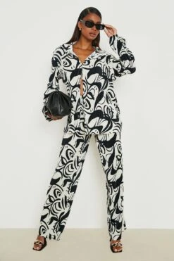 Pantalon Large Plissé à Imprimé Abstrait