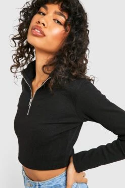 Crop Top Côtelé Zippé à Manches Longues