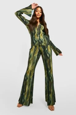Pantalon Flare Plissé à Imprimé Abstrait