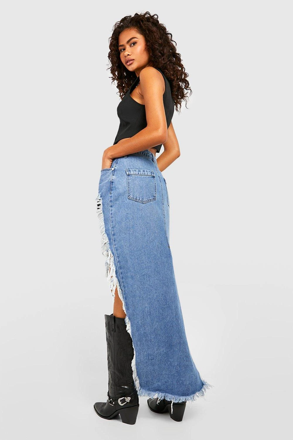 Jupe Longue Asymétrique Déchirée En Jean – Image 3