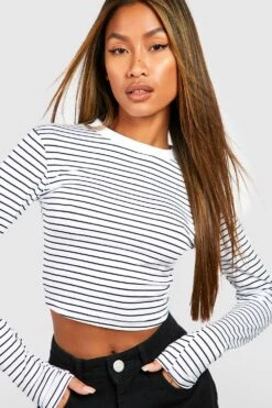 Crop Top Rayé à Manches Longues