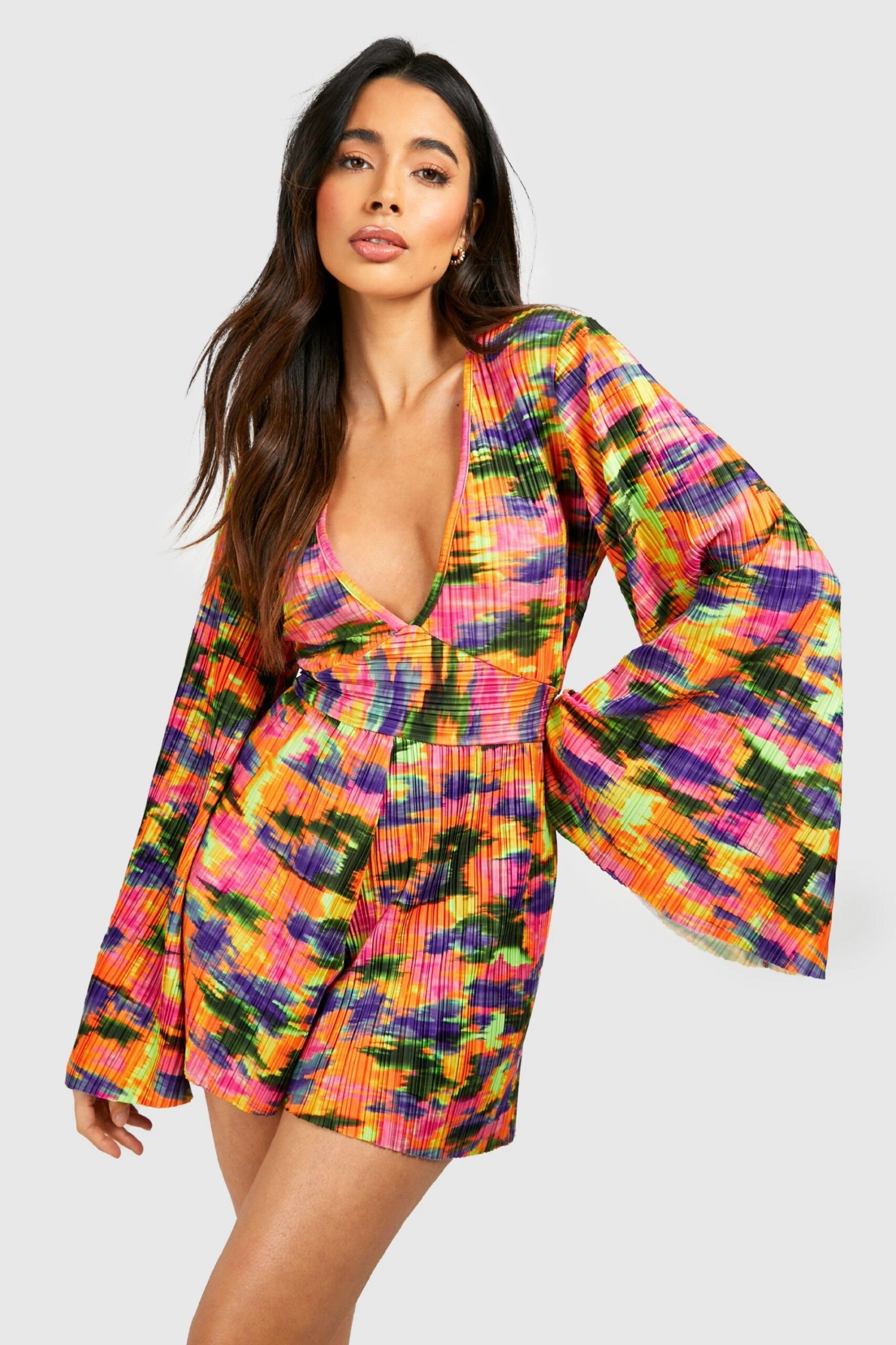 Combishort Fleuri Plissé à Manches évasées